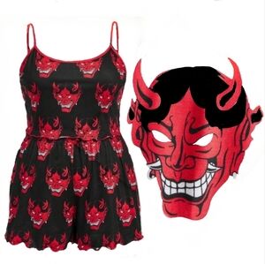 Romwe blk red anime devil graphic scallop cami shorts loungewear set 1X NWT